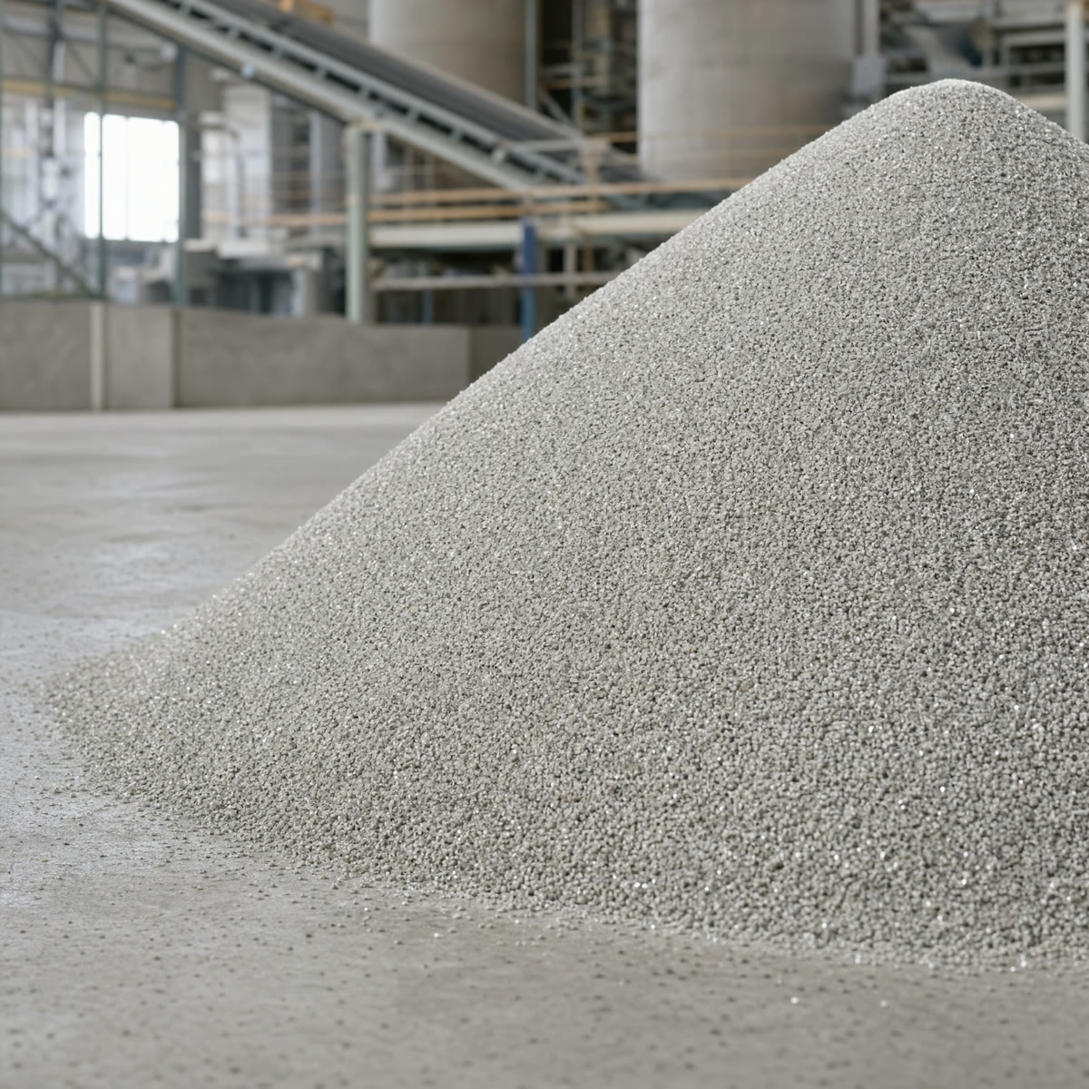 Cumulo di loppa d’altoforno granulata in uno stabilimento di cemento